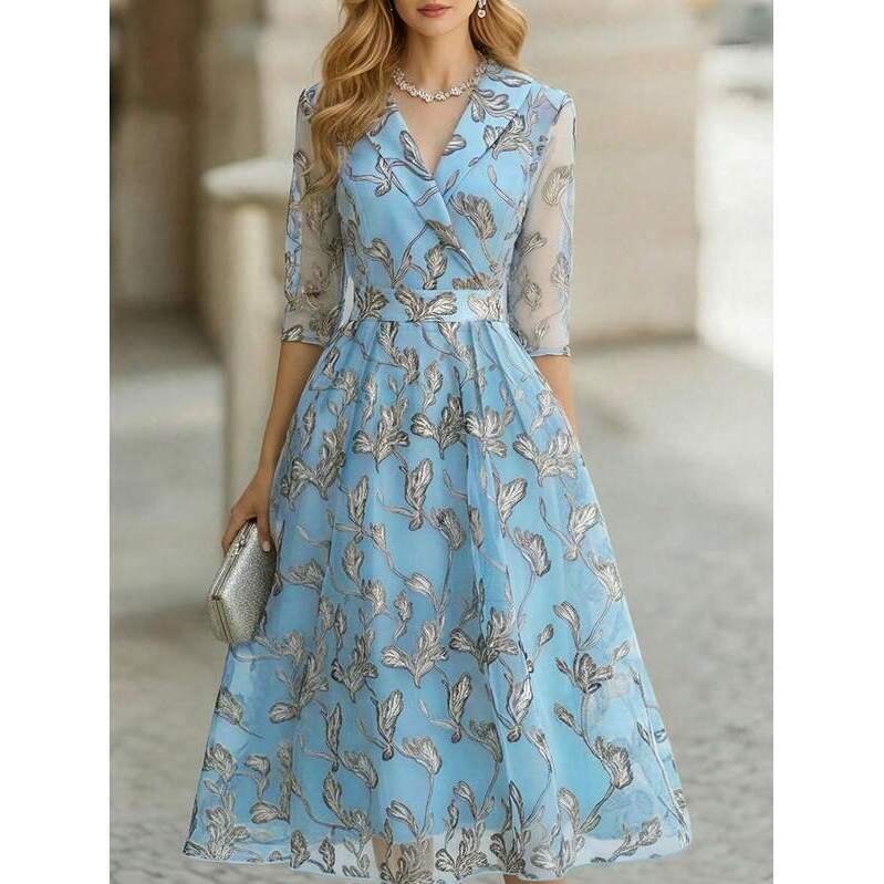 Emery Rose Light Blue Floral Leaf Pattern Long Dress For , We